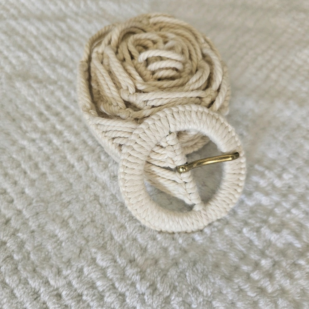 Women White Brown Knited‎ Braided Fabric Fashion Belt Round Buckle S M